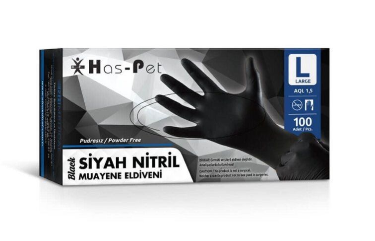 Has-Pet Siyah Nitril Muayene Eldiveni Large 100 Adet - 1